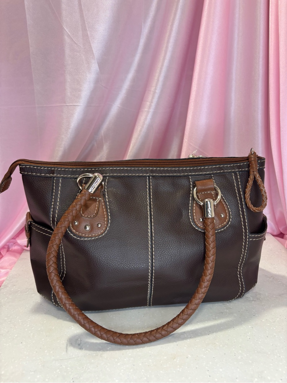 Relic Dark Brown and Tan Braided Handle Shoulder Bag
